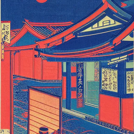 Prompt: tokyo with blue neon lights at midnight, professional ukiyo - e painting,