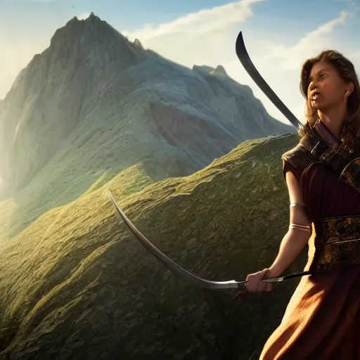 Image similar to a woman with a sword standing in front of a mountain, a character portrait by René Auberjonois, trending on cgsociety, photorealism, reimagined by industrial light and magic, #vfxfriday, anamorphic lens flare