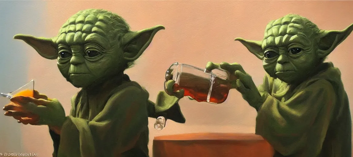 Prompt: beautiful oil painting of Yoda drinking a juice popper