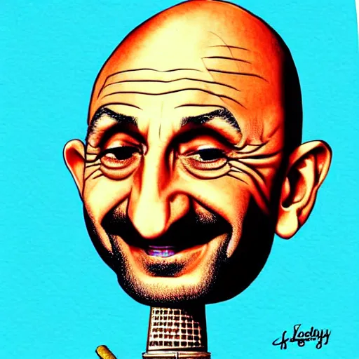 Prompt: ben kingsley is an ice cream ball in an ice cream cone. caricature, colorful ink