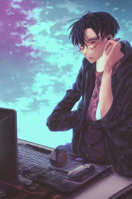 Image similar to portrait of an anime manga guy sitting behind a laptop screen, straight on portrait, by artgerm, james jean, tom bagshaw, gerald brom, vaporwave colors, lofi colors, vaporwave, lofi, goth vibe, 4 k, smooth, hd, substance designer render, full body character concept art, symmetrical,