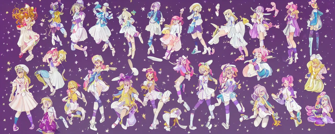 Image similar to A character sheet of full body cute magical girls with short blond hair wearing an oversized purple Beret, Baggy Purple overall shorts, Short Puffy pants made of silk, pointy jester shoes, a big billowy scarf, Golden Ribbon, and white leggings Covered in stars holding a paintbrush. Short Hair. Sunlit. Haute Couture. An artist\'s clothes. Art by william-adolphe bouguereau and Paul Delaroche and Alexandre Cabanel and Lawrence Alma-Tadema and Johannes Helgeson and WLOP. Smooth. Elegant. Highly Detailed. Intricate. 4K. UHD. Denoise.