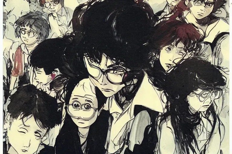 Prompt: dramatic illustration of a beautiful 3 0 - year old teacher, she is teaching in classroom with 3 students, illustrated by yoji shinkawa and ghibli