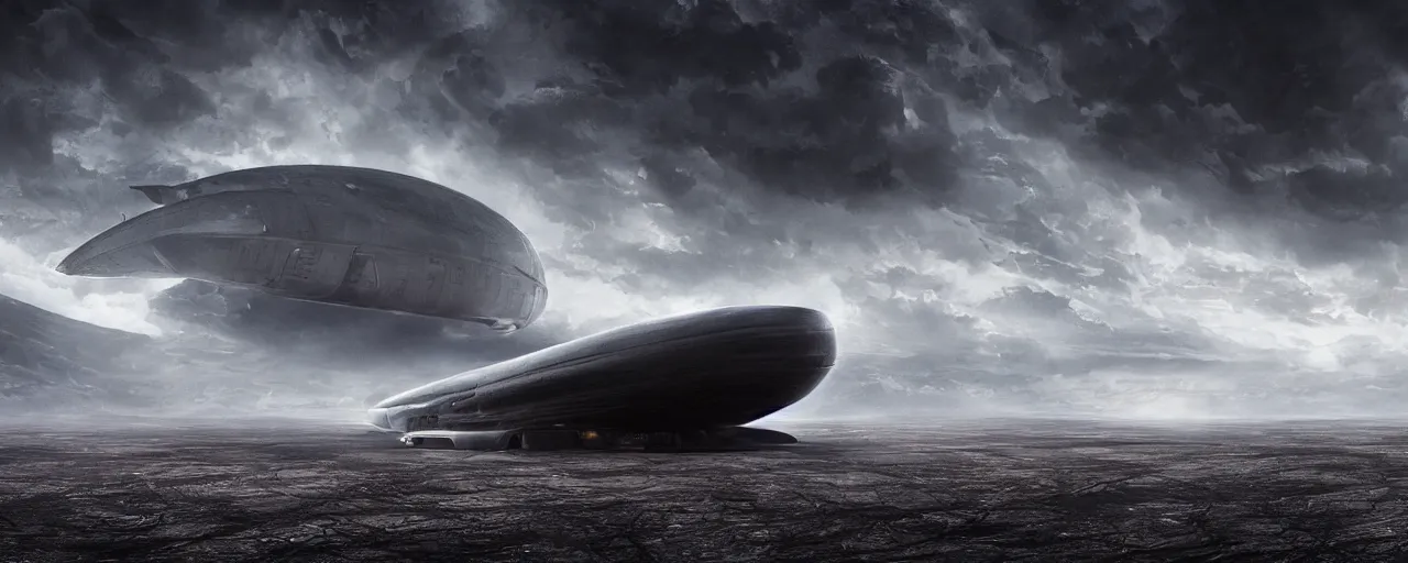 Image similar to a large ominous and geometric spaceship, streamlined and very large and long floating over a barren dry land with an epic cloud formation on the background by HR GIger, Dariusz Zawadzki, Neil blevins, Feng Zhu, gustave doré, zhuoxin ye, very detailed, octane render, 8k, oranate and brooding, scary and dark, canon 24mm lens