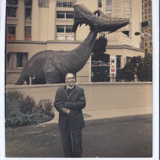 Prompt: a polaroid photo of an old man standing next to a dinosaur statue outside mcdonald's