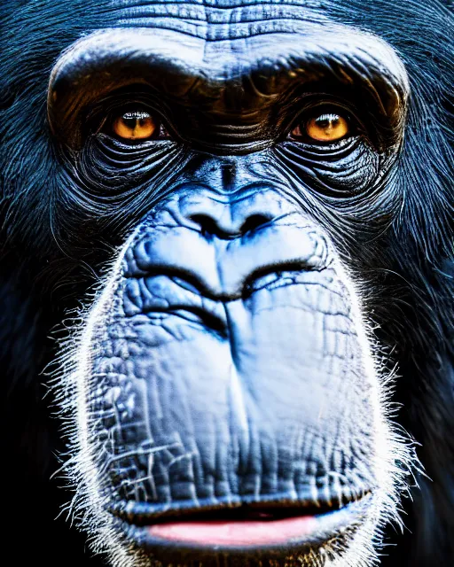 Prompt: gold, blue, photo of a chimpanzee, 8 k, 8 5 mm f 1. 8