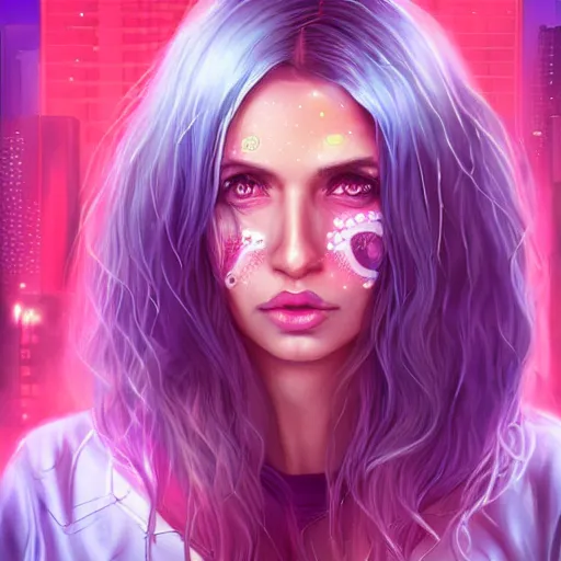 Prompt: A beautiful and detailed portrait of a middle-aged beautiful girl that has bright implants on her face and an angry-desperate look on her eyes. Red eyes trail, bokeh cyberpunk city background, artstation, violet-blue palette, vignette, by artgerm,