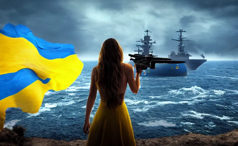 Prompt: perfect shot from behind of a beautiful girl in national blue and yellow dress with beautiful hair confidently holding two guns in both her hands and standing on a shore and facing a huge realistic detailed warship on the horizon. Ukrainian flag on the left side, concept art, сinematic lighting, insanely detailed, smooth, sharp focus, Artstation, 8k, unreal engine, hyper-realistic, bright background, moonlight, volumetric lighting, octane render, digital illustration by Ruan Jia and Mandy Jurgens and Artgerm and Wayne Barlowe and Greg Rutkowski and Zdislav Beksinski