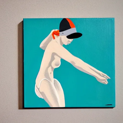 Image similar to acrylic painting on wood of a woman wearing a swimming cap diving from a high diving board into a pool. the pool is out of frame. teal, white, black and grayscale. simple. flat. vintage, mid - century modern. mid - drive, in the air, fully body, anatomically correct