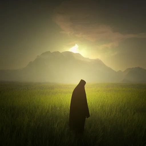 Prompt: old prophet wandering about a meadow, volumetric lighting