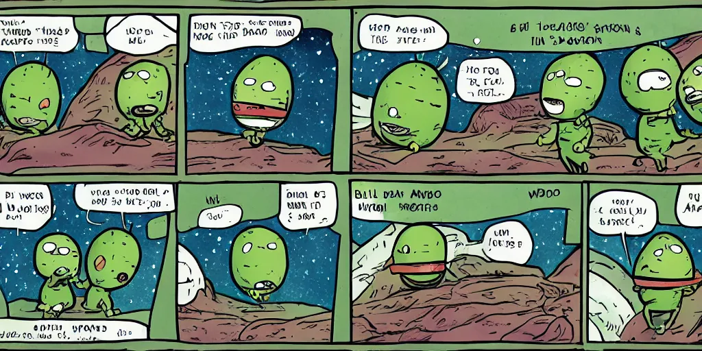 Image similar to a 3 panel comic strip about avocadoes in space, style of bill watterson