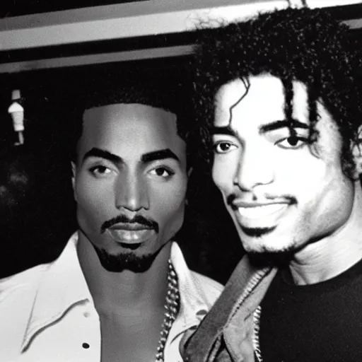 Image similar to Tupac and Michael Jackson hanging out at a bar, grainy photo, found footage, hidden camera.