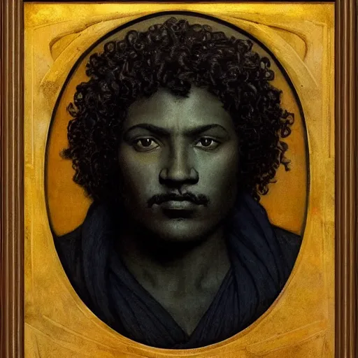 Image similar to masterpiece black man with curly hair sculpture from islamic civilization, by annie swynnerton and diego rivera and nicholas roerich and jean delville and charlie bowater, symbolist, dramatic lighting, god rays, art brut, rich colors, smooth sharp focus, extremely detailed, adolf wolfli and ( donato giancola and bilibin )