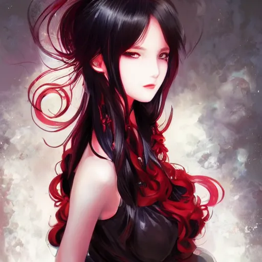 Prompt: Semi realistic anime illustration of black haired long hair woman, with beautiful hyperdetailed red eyes, wearing dress, front facing shot, full face portrait made by Stanley Artgerm, WLOP, Rossdraws, James Jean Andrei Riabovitchev, Marc Simonetti, Yoshitaka Amano, Artstation