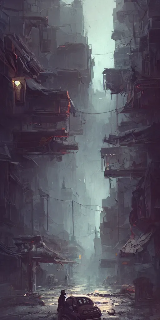 Image similar to a post apocalyptic street scene in the style of Sylvain Sarrailh, the occult, mysterious, strangeness, beautiful digital art, cinematic composition, detailed, concept art, Matt painting, oil painting, high res