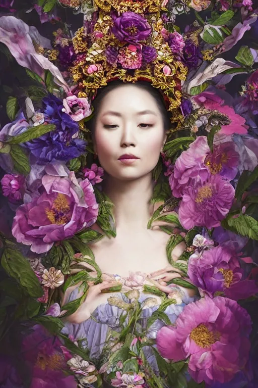 Image similar to a beautiful portrait of an empress in her garden, with a brilliant, impossible striking big flower headpiece, clothes entirely made out of flowers, symmetrical, closeup, dramatic studio lighting, rococo, baroque, jewels, asian, hyperrealism, D&D, fantasy, intricate, elegant, highly detailed, digital painting, artstation, octane render, 8k, concept art, matte, sharp focus, illustration, art by Artgerm and Greg Rutkowski and Alphonse Mucha