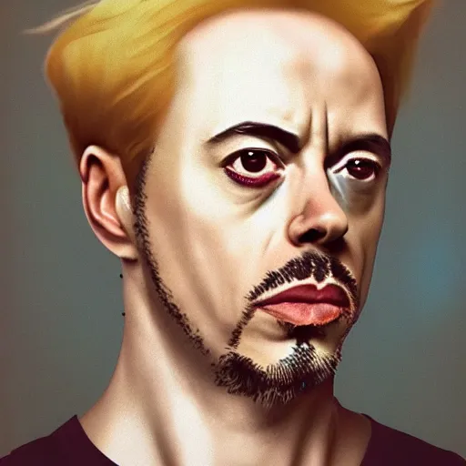 Image similar to realistic expired kodak film portrait of albino robert downey junior mix, hyperrealism, photorealistic, detailed, atmospheric, 8 k, award winning photography, cinematic