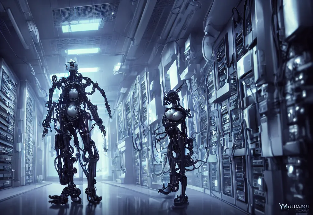 Image similar to shot of film by cyberpunk syle biomechanical cyborg walking in server room in datacenter, character design, very detailed cinematic, anime, by yoichi hatakenaka, by masamune shirow, digital art, octane render, beautiful composition, trending on artstation, award - winning photograph, masterpiece