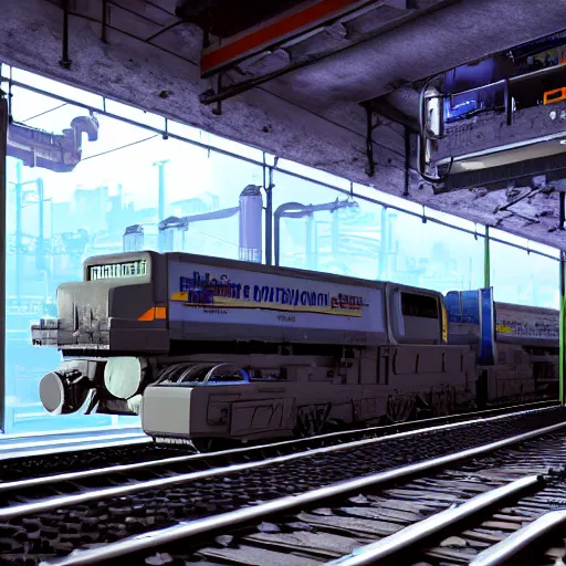 Prompt: photo of Immense industrial futuristic cargo train arrives at cyber punk city station, cinematic lighting,