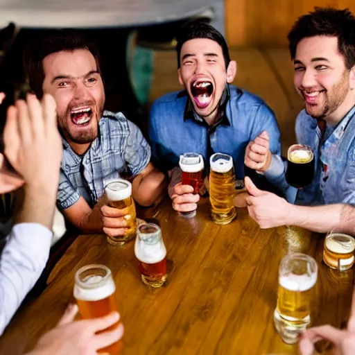 Image similar to a group of 2 7 year old men sharing a beer at a table in the style of pokemon the anime