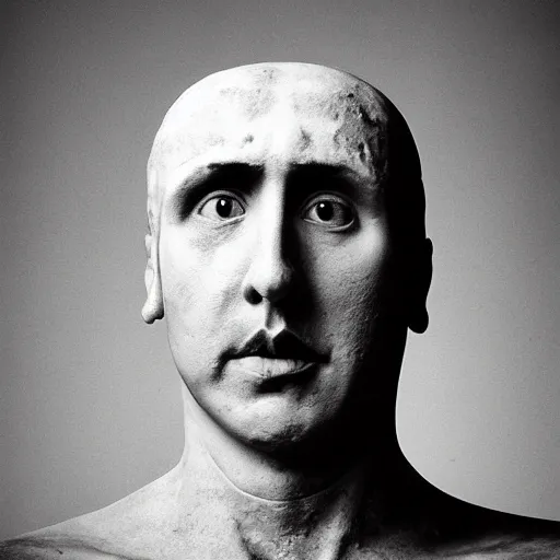 Image similar to Award-winning photograph by Chema Madoz. The photo depicts a decaying roman bust of Nicolas Cage at the bottom of the sea. Black and white, minimalism, high definition, perfect composition. Deep sea picture. Very dark. Volumetric lighting. Fisch.