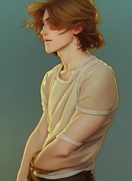 Image similar to pretty young man with shoulder length shiny shimmering golden blond hair, half body shot, path traced, highly detailed, high quality, digital painting, by studio ghibli and alphonse mucha, leesha hannigan, hidari, disney