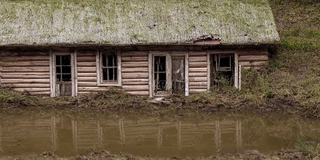 Prompt: abandoned very detailed wooden house, spring, mud, near river, very detailed