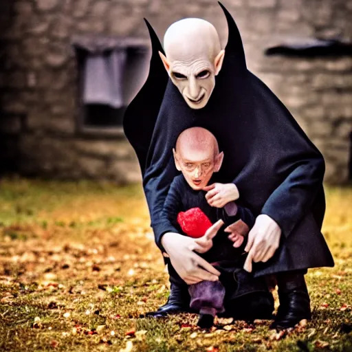 Prompt: portrait of nosferatu playing with his kid at the kindergarden, realistic detailed photography, 5 0 mm lens