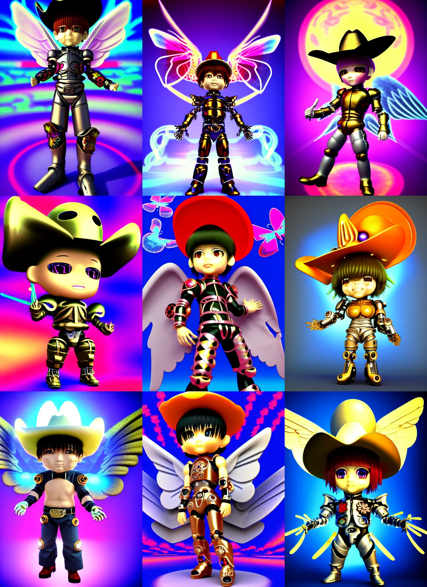 Prompt: 3d render of chibi cyborg knight in the style of Ichiro Tanida wearing a big cowboy hat and wearing angel wings against a psychedelic swirly background with 3d butterflies and 3d flowers n the style of 1990's CG graphics 3d rendered y2K aesthetic by Ichiro Tanida, 3DO magazine