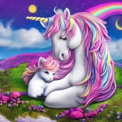 Image similar to dream : a fabulous landscape, a magical unicorn. a boy is sitting astride him. a cat is lying