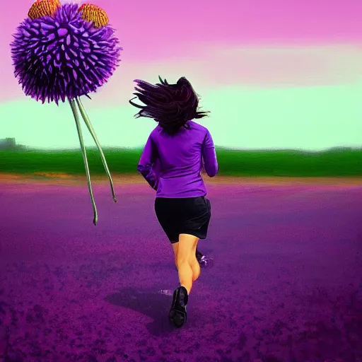 Image similar to portrait, giant purple dahlia flower head, woman running at orange beach, surreal photography, sunrise, blue sky, dramatic light, impressionist painting, digital painting, artstation, simon stalenhag