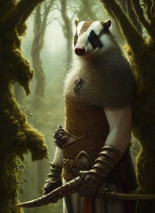 Image similar to a film still portrait of a badger elven king, finely detailed features, cinematic lighting, perfect art, brian jacques redwall woodland, forest, intricate, anime, gapmoe grimdark, artstation, trending on pixiv fanbox, painted by brian jacques greg rutkowski, studio ghibli, 4 k