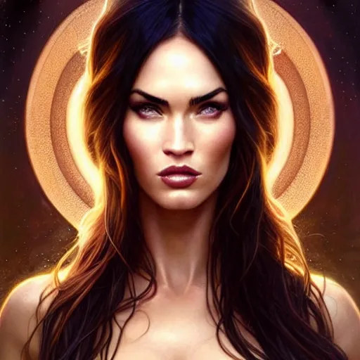 Image similar to Megan Fox as a fantasy magic woman portrait, sci-fi, amber eyes, face, long hair, fantasy, intricate, elegant, highly detailed, digital painting, artstation, concept art, smooth, sharp focus, illustration, art by artgerm and greg rutkowski and alphonse mucha