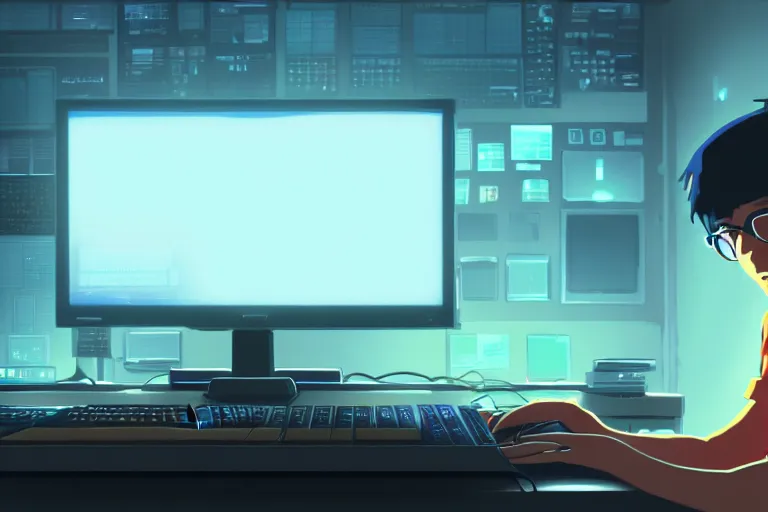 Image similar to a nerdy boy is programming at a computer in a room full of gadgets, screens all over the walls, by makoto shinkai and ghibli studio, dramatic lighting, highly detailed, incredible quality, trending on artstation