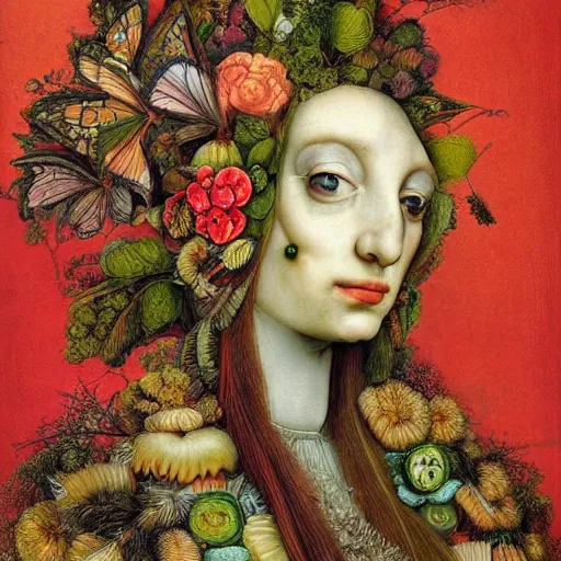 Image similar to a beautiful profile portrait of a beautiful female, leaves, by giuseppe arcimboldo,, psychedelic, surreal, dreamlike, environmental friendly, nature.