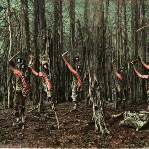 Prompt: wide shot, a squad of dead American Soldiers hung mid-air on trees, deep in the thick forest, painting, colored, eerie, Lovecraftian, eldritch horror, 1967