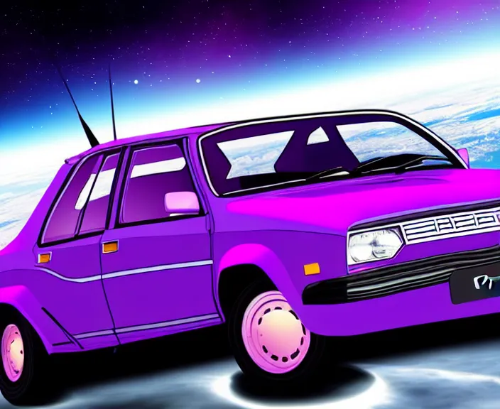 Prompt: purple lada 2 1 0 9 in space in orbit of the planet earth, lada 2 1 0 9 looks like a spaceship, hyper detailed, hight detailed, futuristic, ultra realistic, no blur, 8 k