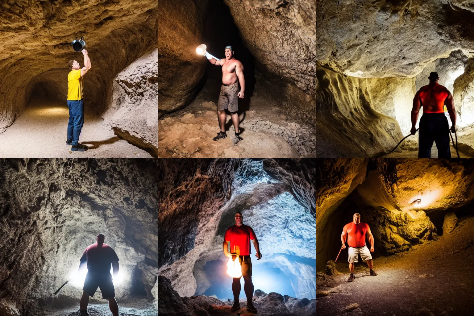 Prompt: A big strong man exploring a cave with a torch, professional photography.