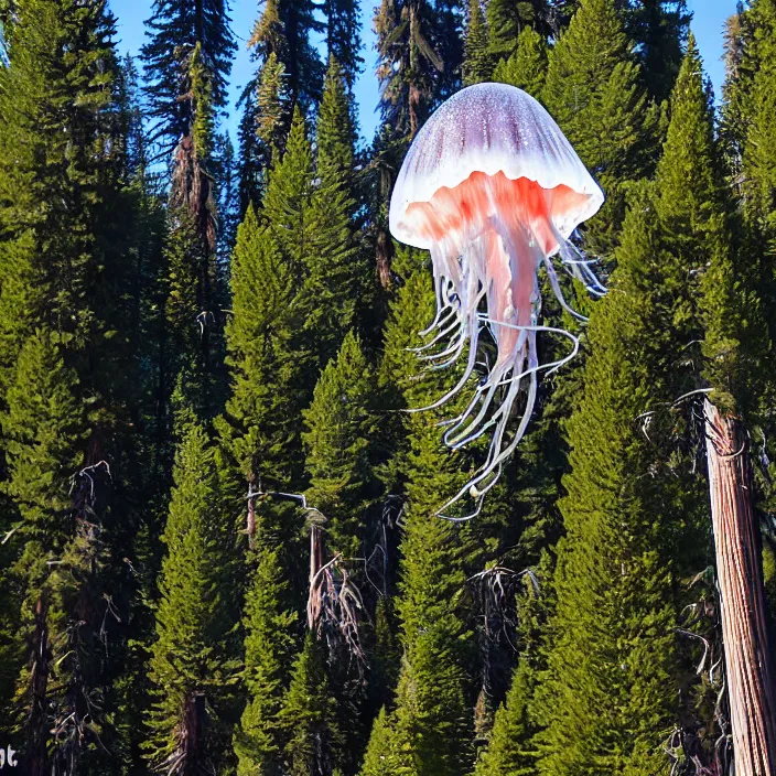 Image similar to giant jelly fish floating in air swarm among the giant sequoia trees at 2875 adanac.st vanvcouver,british columbia,canada