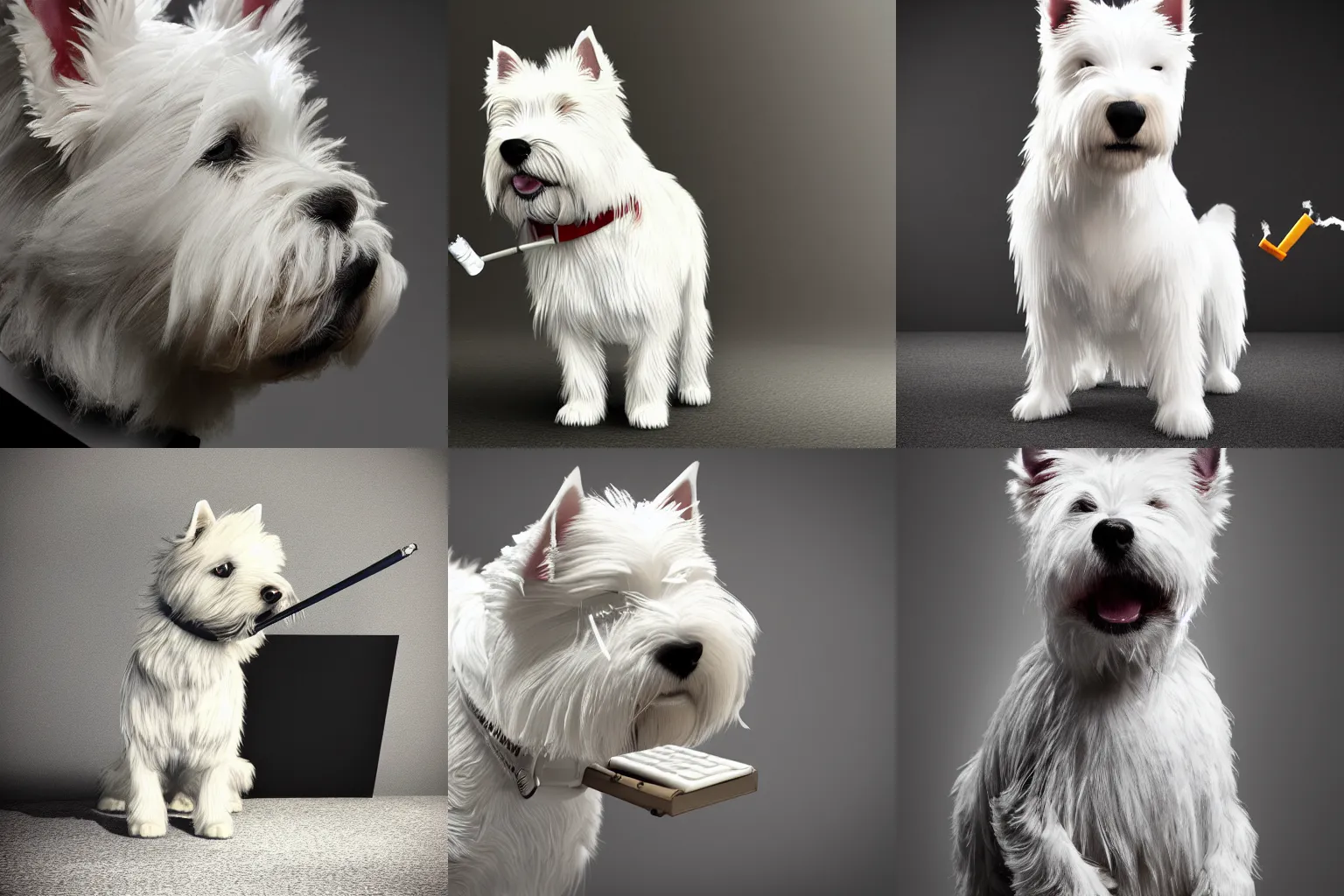 Prompt: a high quality photo of a west highland white terrier wearing a suit and smoking, render, ultra realistic, cgsociety