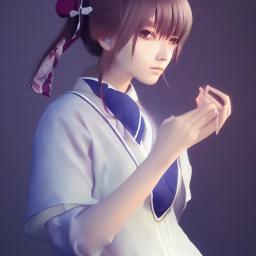 Prompt: feminine Japanese schoolgirl, elaborate polished, cgsociety, photorealistic, sublime-classy-dignified ambience, 16k, sharp focus, trending on ArtStation, volumetric lighting, CalArts