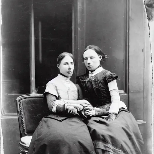 Prompt: a black and white photograph of two young edwardian women sitting in a cafe in paris