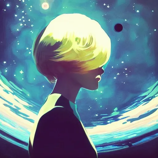 Image similar to ilya kuvshinov art of a woman floating in space