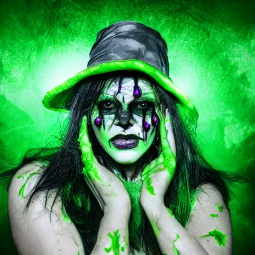 Prompt: a portrait photo of a poison themed character, green glowing cracks on face, poison dripping, gloom, scary face, extremely detailed,