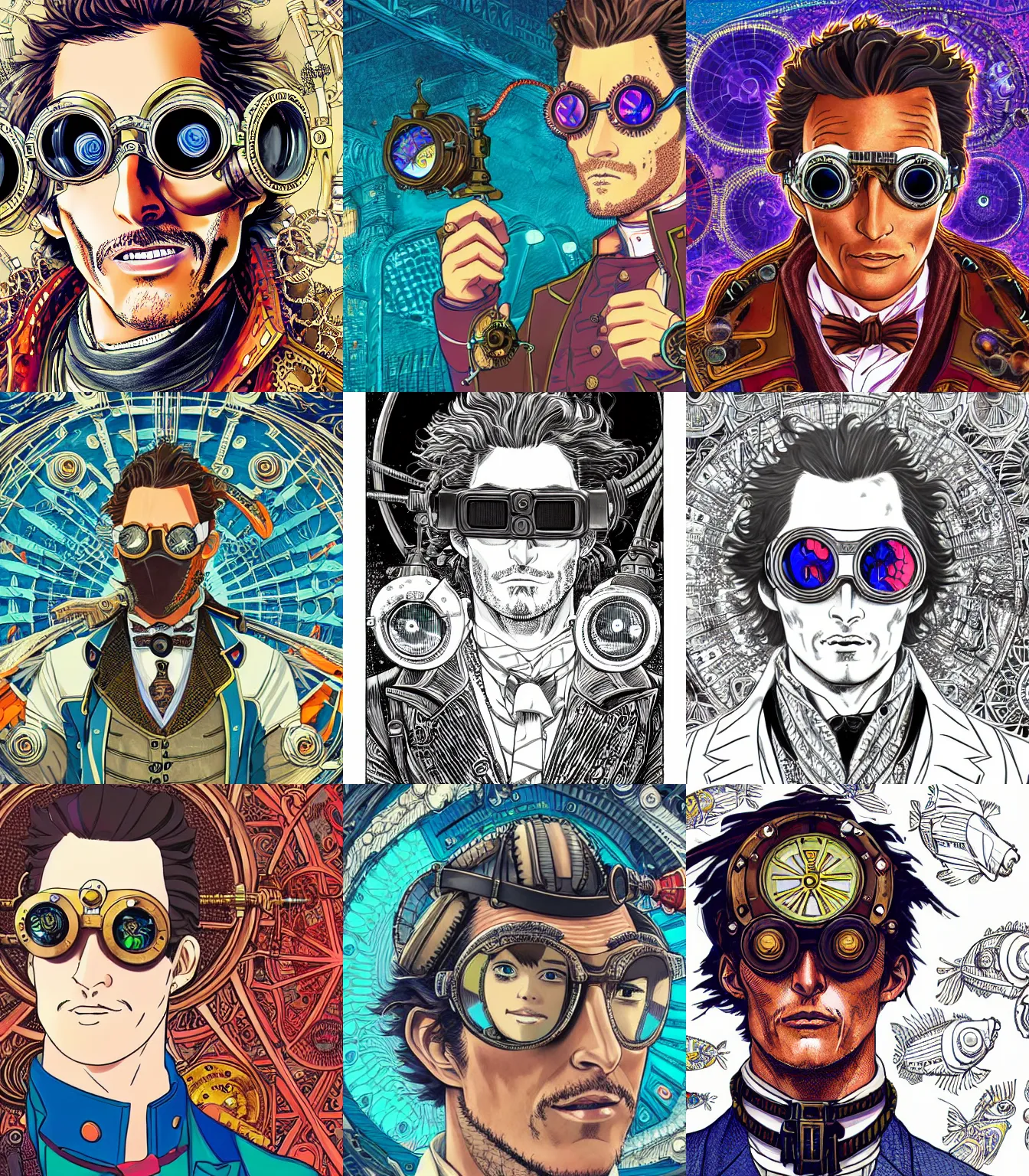 Prompt: hyper detailed comic illustration of a steampunk anime Matthew Mcconaughey wearing goggles and an intricate Victorian jacket, markings on his face, by Hayao Miyazaki intricate details, bright vibrant colors , solid background, low angle fish eye lens