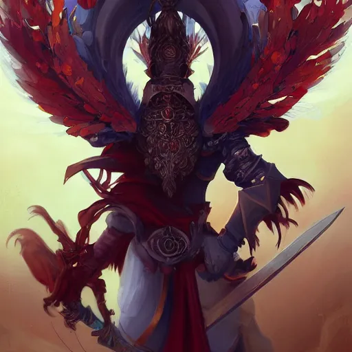 Image similar to A Highly Detailed godly knight with crimson wings of blade feathers by Peter Mohrbacher, an king of carrot flowers by Kelly Mckernan, trending on artstation, HD, 4k