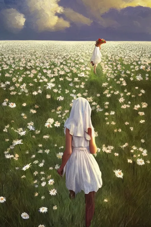 Image similar to giant white daisy flowers as head veil, girl walking in a flower field, surreal photography, sunrise, dramatic light, impressionist painting, colorful clouds, digital painting, artstation, simon stalenhag