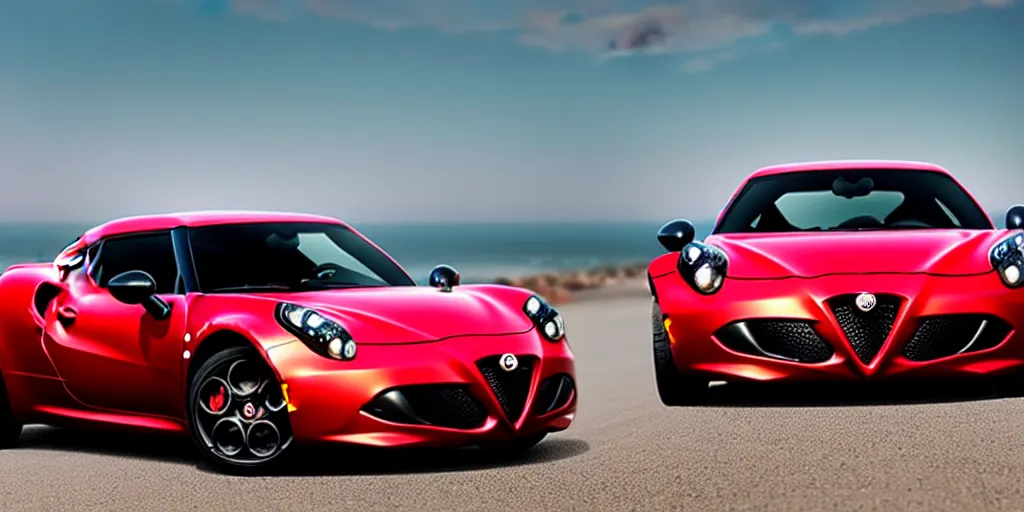 Image similar to photograph. Hot Wheels, 2015 Alfa Romeo 4C, cinematic, PCH, california coast, 8k, depth of field, bokeh. hyper realistic