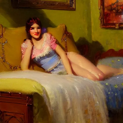 Prompt: Gaston Bussiere painting of D.va (Overwatch) lounging in her bedroom, dramatic lightning, candlelit