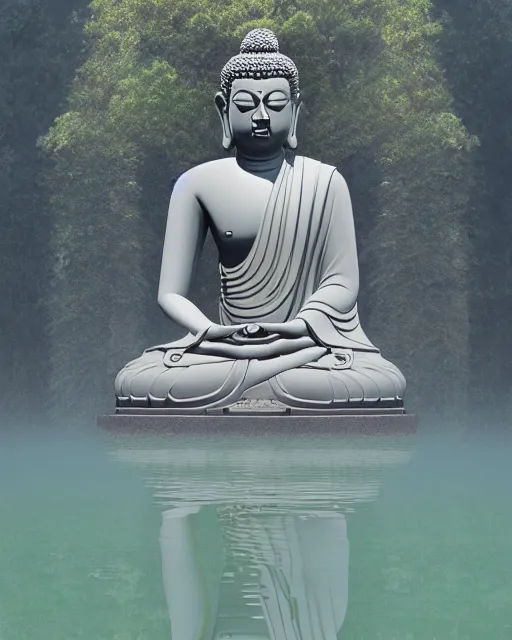 Prompt: a beautiful matte painting of a buddha statue in complete meditation by yoshitaka amano, trending on artstation, zen feeling, cam, peaceful, clear water reflection, 3 d, realism, fantasy